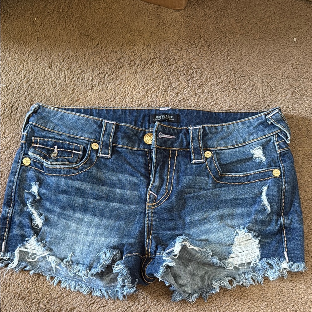 True Religion Low Rise Joey Distressed Jean Shorts. Pink stitching work once